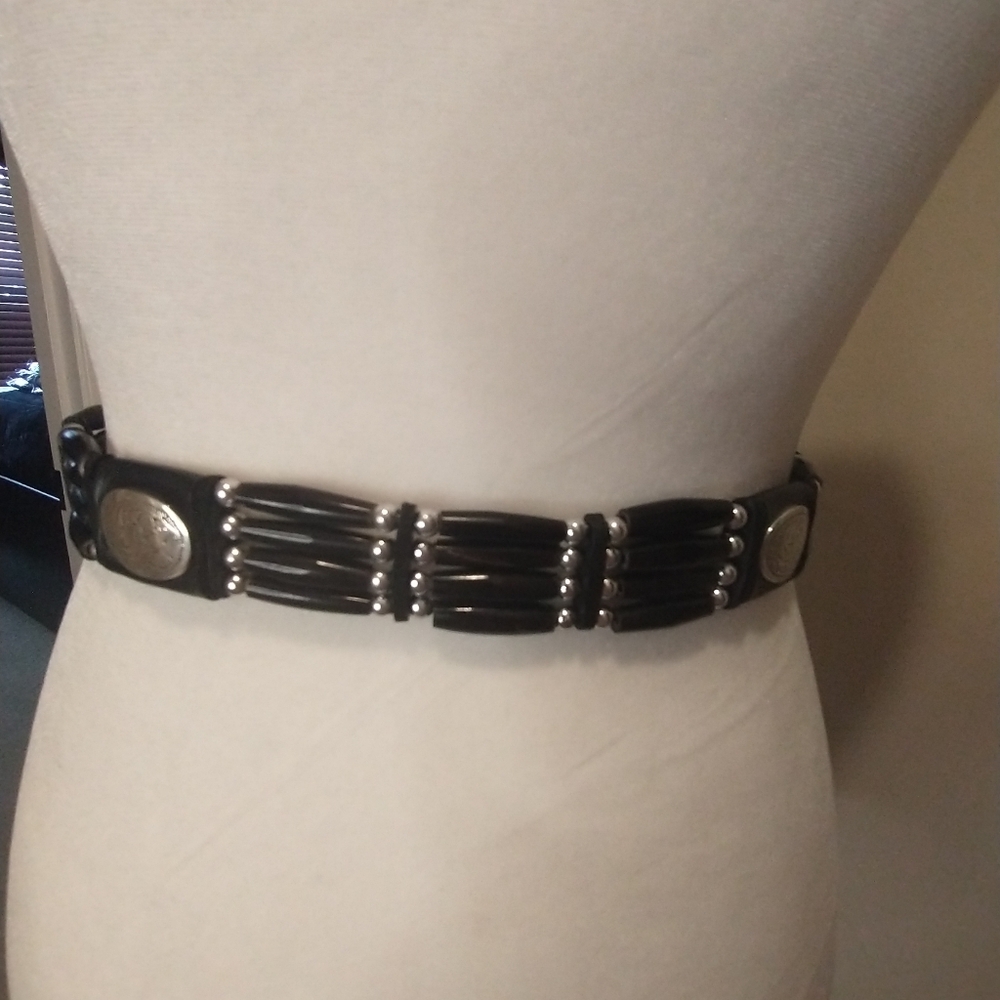 Vintage Black Leather Motorcycle Belt with Silver And Beaded Accents - 28 Inch - Picture 4 of 13
